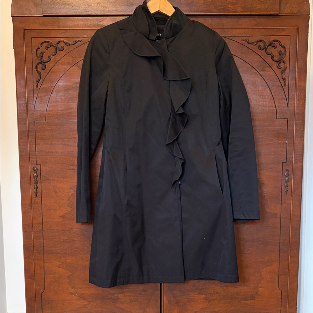 DKNY Black Trench Coat with Red Lining